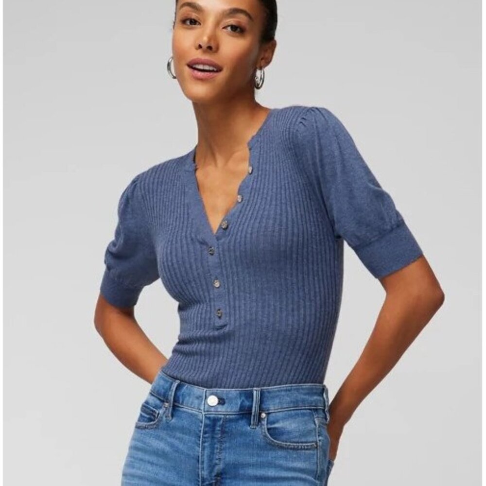 WHBM Elbow Sleeve Cashmere Blend Puff Henley Sweater Blouse V-Neck Fuzzy Ribbed